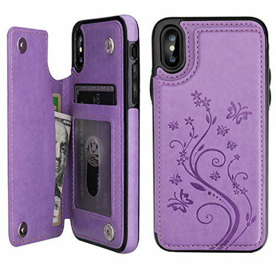 Picture of iPhone X Case Wallet with Card Holder, Vaburs iPhone Xs Embossed Butterfly Premium PU Leather Double Magnetic Buttons Flip Shockproof Protective Case Cover for iPhone X/Xs (5.8", Purple)