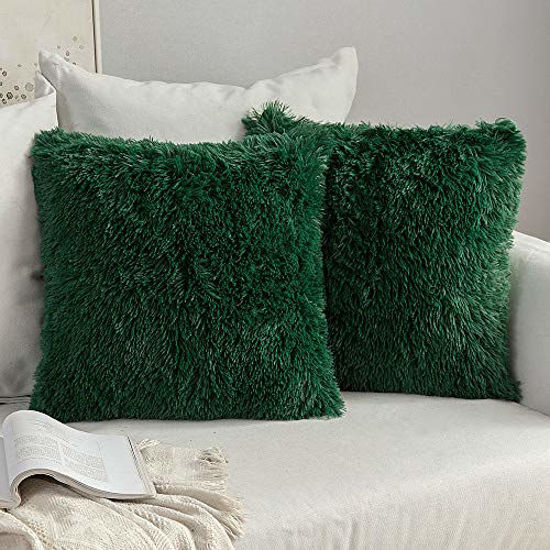 Picture of MIULEE Pack of 2 Luxury Faux Fur Fluffy Throw Pillow Covers Christmas Set Soft Deluxe Decorative Plush Fleece Pillowcases for Cushion Couch Sofa Bedroom Home 16 x 16 Inch Dark Green