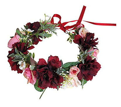 Picture of DDazzling Women Flower Headband Wreath Crown Floral Wedding Garland Wedding Festivals Photo Props (Burgundy and Pink Flower)