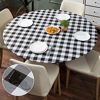 Picture of smiry Checkered Table Cloth Cover, Elastic Fitted Flannel Backed Vinyl Tablecloth for 36"-44" Round Tables, Waterproof Wipeable Buffalo Plaid Table Cover for Fall Halloween Party, Black and White