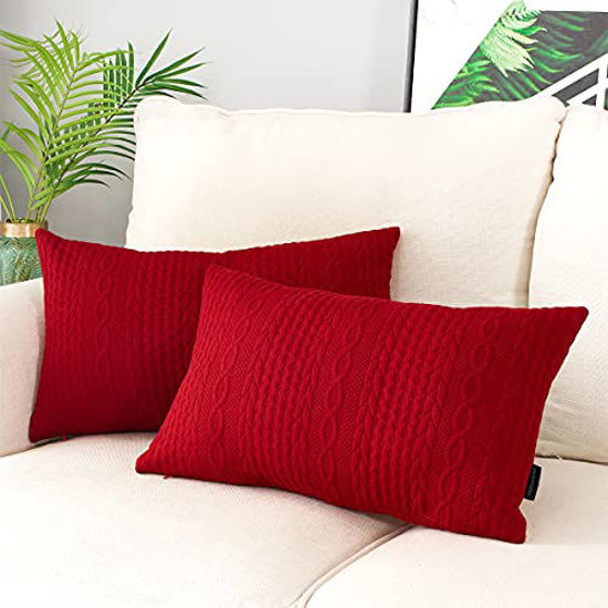 Picture of Booque Valley Rectangular Throw Pillow Covers, Pack of 2 Super Soft Elegant Modern Knit Lumber Red Cushion Covers, Oblong Pillowcases for Sofa Bed Car Chair, 12 x 20 inch (Red)