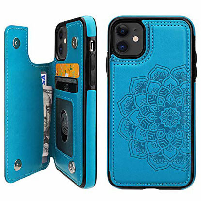 Picture of iPhone 11 Case Wallet with Card Holder, Vaburs Embossed Mandala Pattern Flower Premium PU Leather Double Magnetic Buttons Flip Shockproof Protective Cover for iPhone 11 (6.1 Inch,Blue)