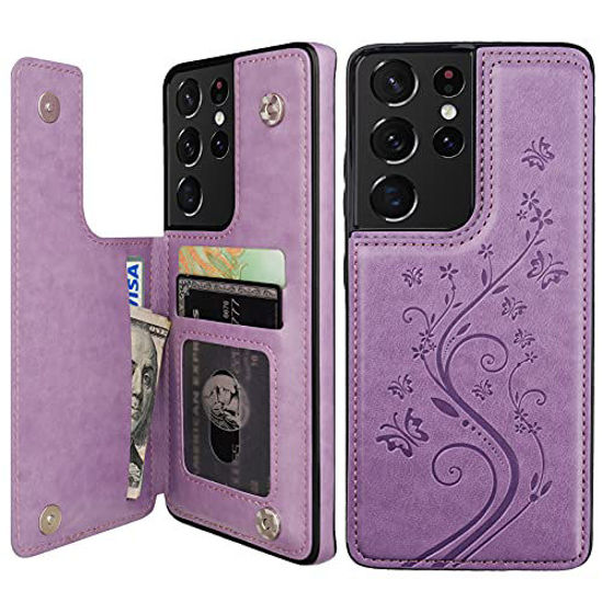 Picture of Vaburs for Galaxy S21 Ultra Wallet Case with Card Holder, Embossed Butterfly Pattern Premium PU Leather Double Magnetic Buttons Flip Shockproof Case for Samsung Galaxy S21 Ultra(6.8",Purple)