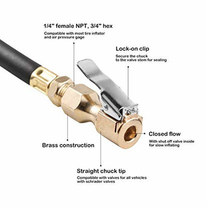 Picture of CZC AUTO Heavy Duty Brass Air Chuck, Closed Flow Straight Tire Chuck with Lock-on Clip, 1/4" FNPT Tyre Chuck for Tire Inflator Pressure Gauge Air Pump Compressor Accessories (Brass, 4 Pack)