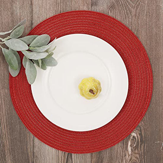 Picture of SHACOS Round Braided Placemats 15 inch Set of 4 Washable Kitchen Table Placemats for Home Wedding Party (Red, 4)