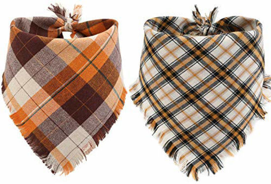 Picture of Fall Dog Bandana - Set of 2 Washable Reversible Square Plaid Pet Kerchief Scarf for Halloween