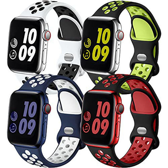 Picture of Adorve Compatible with Apple Watch Band 45mm 44mm 42mm for Women Men, 4 Pack Silicone Sport Replacement Wristband for iWatch SE Series 7 6 5 4 3 2 1, Blue White/White Black/Black Red/Black Yellow, S/M