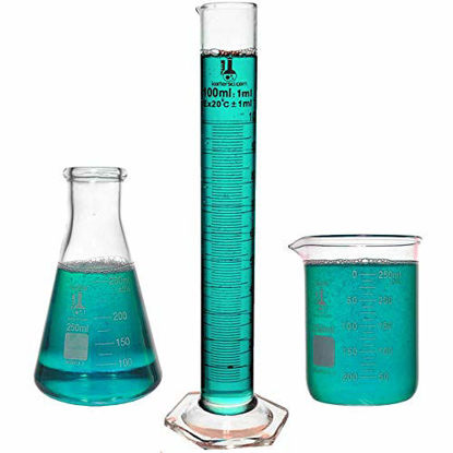 Picture of Beaker, Flask, Cylinder Set, 3.3 Boro. Glass - 3 Pieces - 250ml Beaker, 250ml Flask and 100ml Cylinder, Karter Scientific 214Z2