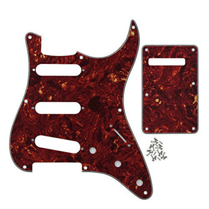 Picture of FLEOR SSS 8 Hole Strat Pickguard Guitar Backplate Tremolo Cavity Cover with Screw for Vintage Strat Style Guitar Parts, 4Ply Red Tortoise Shell