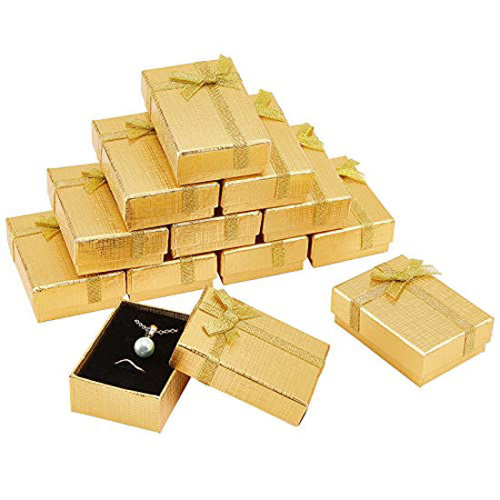 Picture of PH PandaHall Gifts Box Set, 12pcs 2.7 x 1.9 x 0.9 Inch Rectangular Cardboard Paper Jewelry Boxes Gift Cases with Ribbon Bowknot for Earring Pendant Necklaces Bracelet Jewelry Packaging Box, Golden