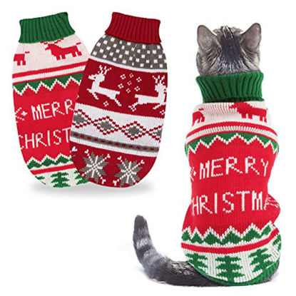 Picture of BWOGUE 2 Packs Cat Christmas Sweater Christmas Dog Sweaters Pet Cat Winter Knitwear Warm Clothes Pet Reindeer Snowflake Merry Christmas Pet Sweaters for Kittys and Small Dogs