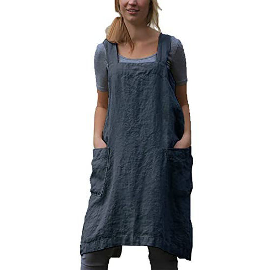 Picture of Cotton Linen Apron Cross Back Apron for Women with Pockets Pinafore Dress for Baking Cooking