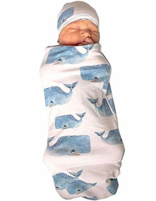 Picture of COLOOM Newborn Infant Baby Sleeping Bag & Hat Cap Shark Print Baby Receiving Blanket Set (Whale, 0-12 Months)