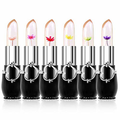 Picture of SuperThinker Crystal Jelly Flower Lipstick - Moisturizer Clear Lip Gloss Balm Color Changing with Temperature Mood Lipstick include Benefit Vitamin - Pack of 6 (black)