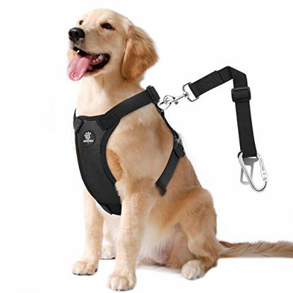 Picture of VavoPaw Dog Vehicle Safety Vest Harness, Adjustable Soft Padded Mesh Car Seat Belt Leash Harness with Travel Strap and Carabiner for Most Cars, Size Large, Black