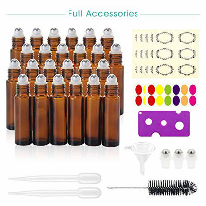 Picture of 24, 10ml Roller Bottles for Essential Oils - Amber, Glass with Stainless Steel Roller Balls by Mavogel (3 Extra Roller Balls, 54 Pieces Labels, Opener, Funnel, Dropper, Brush Included)