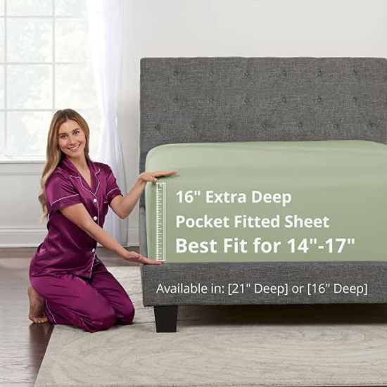 Picture of Twin XL Fitted Sheet Only - Real 16 XL Twin Fitted Sheets Fit Perfectly 14-18 Deep Mattress & Toppers - Lovely Feel - 1 Piece Bottom XL Twin Sheets Deep Pockets Fitted Twin Extra Long - Green