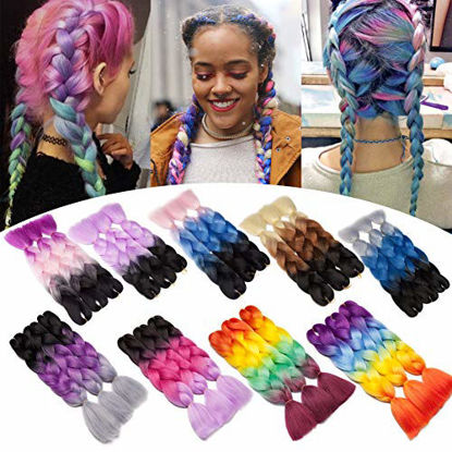 Picture of Benehair Jumbo Braiding Hair 24 inch Jumbo Braid Hair Extensions Ombre Black to Purple Jumbo Box Braids Crochet Hair Long for Women Kids DIY High Temperature Synthetic Fiber 3 Bundles