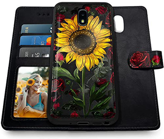 Picture of Shields Up Galaxy J7 2018/J7 Refine/J7 Star/J7 Top/J7 Aura/J7 Aero/Crown/Eon Wallet Case, [Detachable] Magnetic Case, Card Slots, Vegan Leather Cover for Samsung Galaxy J7 2018-Rose Flower/Sunflower