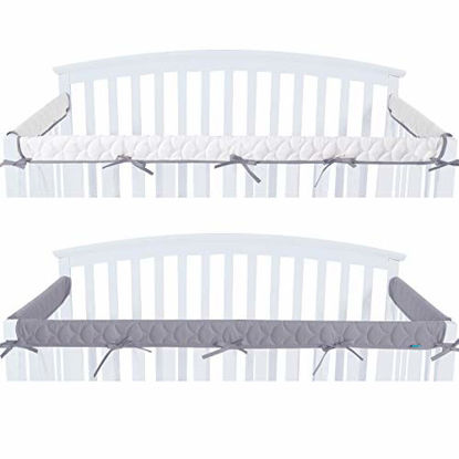 Picture of Crib Rail Cover Protector Safe Teething Guard Wrap for Standard Crib Rails, 3 - Piece, Fit Side and Front Rails, Grey/White, Reversible, Safe and Secure Crib Rail Cover.