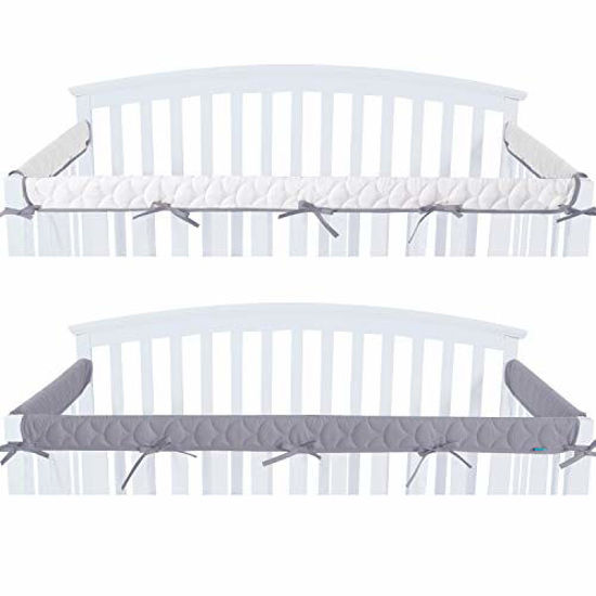 Picture of Crib Rail Cover Protector Safe Teething Guard Wrap for Standard Crib Rails, 3 - Piece, Fit Side and Front Rails, Grey/White, Reversible, Safe and Secure Crib Rail Cover.