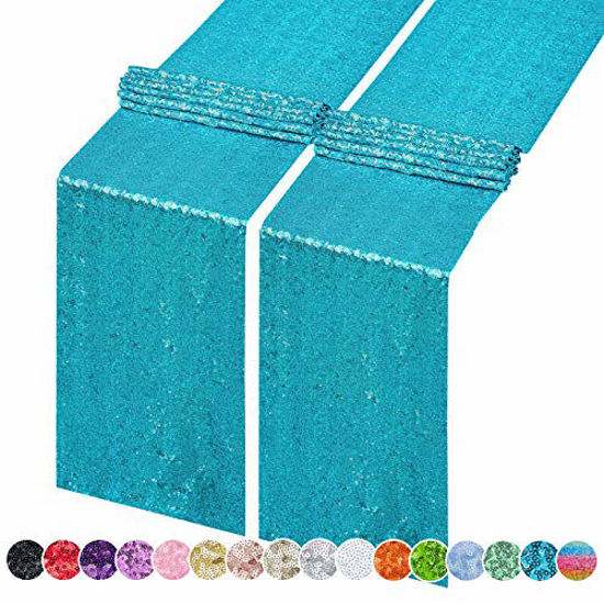 Picture of Hahuho 2PCS 12x108 Inch Sequin Table Runner Turquoise Glitter Table Runner for Party, Wedding, Bridal Baby Shower, Event Decorations2PCS, 12x108 Inch, Turquoise