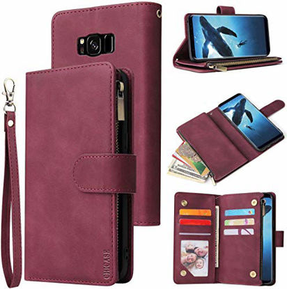 Picture of CHICASE Wallet Case for Galaxy S8,Samsung S8 Case,Leather Handbag Zipper Pocket Card Holder Slots Wrist Strap Flip Protective Phone Cover for Samsung Galaxy S8(Wine Red)