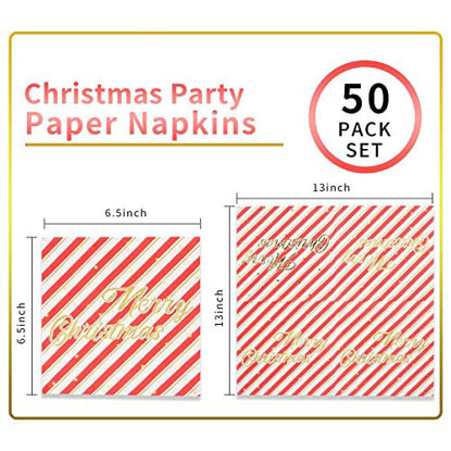 Picture of Christmas Paper Napkins Fobeone Merry Christmas Gold Stamping Red and White Stripe Disposable Paper Beverage Napkins for Christmas Party Decorations3-ply, 6.5X6.5 in, 50 Count)