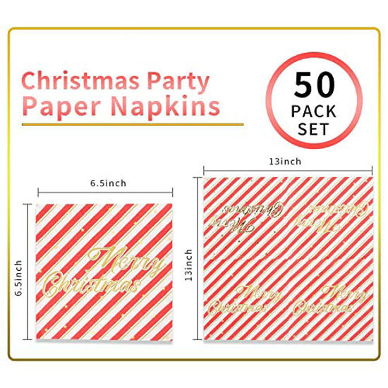 Picture of Christmas Paper Napkins Fobeone Merry Christmas Gold Stamping Red and White Stripe Disposable Paper Beverage Napkins for Christmas Party Decorations3-ply, 6.5X6.5 in, 50 Count)