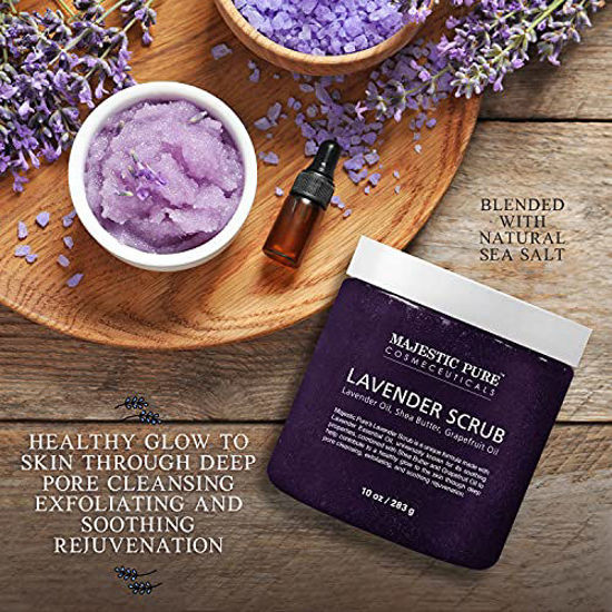 Picture of Lavender Oil Body Scrub Exfoliator with Shea Butter and Grapefruit Oil by Majestic Pure - Exfoliate & Moisturize Skin, Fights Acne - 10 oz