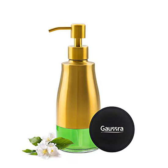 Picture of Gaussra Soap Dispenser with Non-Slip Coaster, Brushed Gold Stainless Steel Glass Hand Pump Dispenser, Anti Rust Lotion Bottle, for Kitchen & Bathroom Detergent BottleRefillable Hand Liquid Dispenser