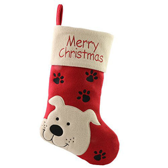 Picture of WEWILL 18 Dog Felt Christmas Stockings Paws Embroidered for Pets Red Xmas Stocking Gift Bag Cuff Lovely Home Holiday Decoration