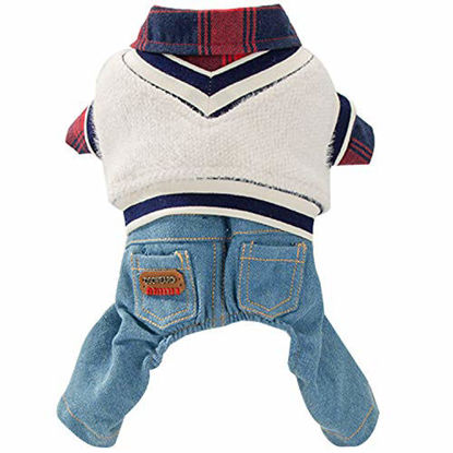 Picture of HOODDEAL Dog Clothes Plaid Dog Shirt Dog Outfit Overalls Jeans Jumpsuit with Warm Sweater Vest Two-Piece Cool Puppy Clothes for Small Dogs Boy (Large, Red-Black)