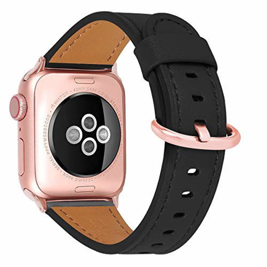 Picture of HUAFIY Compatible iWatch Band 38mm 40mm41mm, Top Grain Leather Band Replacement Strap iWatch Series 6/5,Series 4,Series 3,Series 2,Series 1, SE,Sport, Edition (Black Band+rose gold, 38mm40mm)