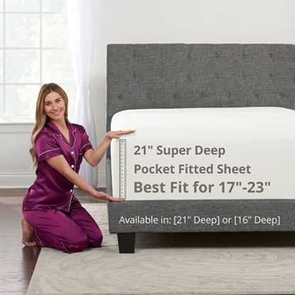 Picture of Deep Fitted Sheets King - King Size Fitted Sheet Only Deep Pocket - 21 King Fitted Sheet Deep Pocket Perfectly Fit 17-23 Deep Mattress & Toppers - Lovely Joyful Feel - 1 Bottom Sheet King - White