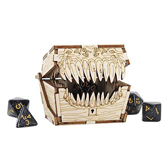 Picture of DND Mimic Chest Dice Jail Prison with a Random Polyhedral Dice Set Wood Laser Cut and Etched Dice Storage Box for Your Bad Dice (Dice Jail C)