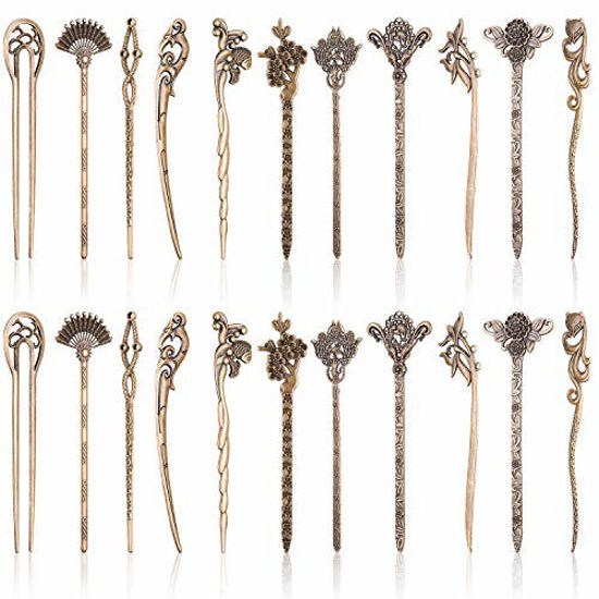 Picture of Duufin 22 Pieces Hair Sticks Vintage Chinese Hair Chopstick Retro Hair Fork for Women (Bronze)