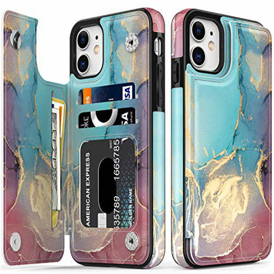 Picture of LETO iPhone 11 Case,Luxury Flip Folio Leather Wallet Case Cover with Fashion Floral Designs for Girls Women,Built-in Card Slots,Protective Phone Case for iPhone 11 6.1" Opal Marble Blue Purple