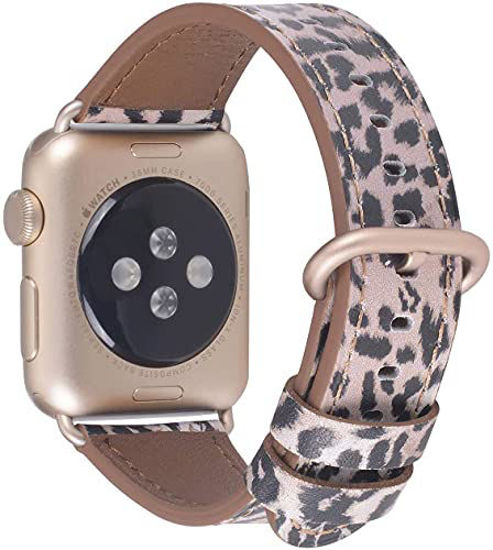 Picture of JSGJMY Leather Band Compatible with Apple Watch 38mm 40mm 41mm 42mm 44mm 45mm Women Men Strap for iWatch SE Series 7 6 5 4 3 2 1(Leopard with Champagne Gold Clasp,42mm/44mm/45mm S/M)