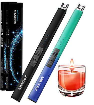 Picture of RAYONNER Lighter Electric Lighter Candle Lighter Rechargeable USB Lighter Arc Lighters (1 Count (Pack of 2), Black+Green/Blue Gradient)