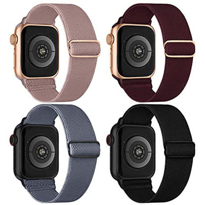 Picture of Stretchy Nylon Solo Loop Bands Compatible with Apple Watch 38mm 40mm 41mm, Adjustable Braided Sport Elastic Wristbands Women Men Straps for iWatch Series 7/6/5/4/3/2/1/SE, 4 Packs