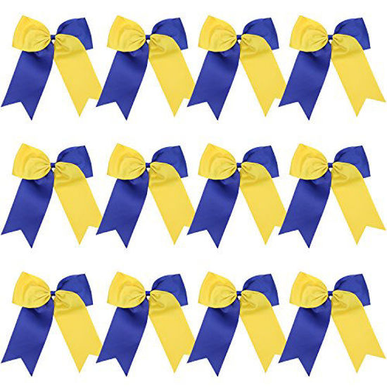 Picture of 8 Inch 2 Colors Jumbo Cheerleader Bows Ponytail Holder Cheerleading Bows Hair 12 Pcs (Royal blue/Yellow)