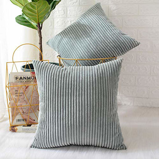 Picture of MERNETTE Pack of 2, Corduroy Soft Decorative Square Throw Pillow Cover Cushion Covers Pillowcase, Home Decor Decorations for Sofa Couch Bed Chair 20x20 Inch/50x50 cm (Striped Grey Blue)