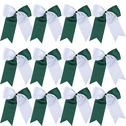 Picture of 8 Inch 2 Colors Jumbo Cheerleader Bows Ponytail Holder Cheerleading Bows Hair 12 Pcs (Forest green/White)