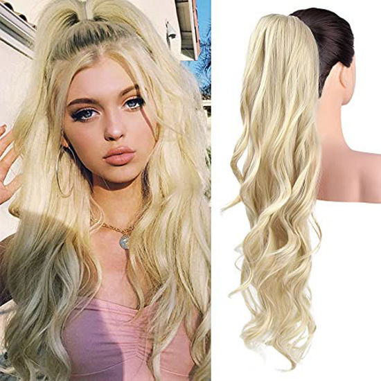 Picture of SEIKEA 26" Long Wavy Drawstring Ponytail for Black Women Natural Soft Clip in Ponytail Extension Synthetic Heat Resistant Hair Extensions Hairpiece Color Bleach Blonde