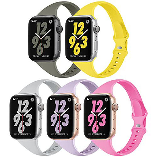 Picture of TSAAGAN 5 Pack Silicone Slim Band Compatible for Apple Watch Band 38mm 42mm 40mm 44mm 41mm 45mm, Soft Narrow Replacement Sport Strap Thin Wristband for iWatch Series 7/SE/6/5/4/3/2/1 Women Men