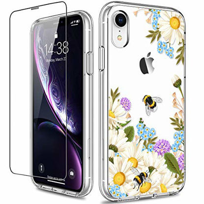 Picture of GiiKa iPhone XR Case with Screen Protector, Clear Protective Case Floral Girls Women Shockproof Hard PC Back Case with Slim TPU Bumper Cover Phone Case for iPhone XR, White Flowers