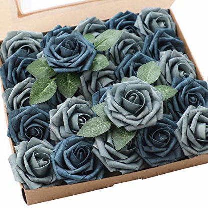 Picture of Floroom Artificial Flowers 25pcs Real Looking Dusty Blue Fake Roses with Stems for DIY Wedding Bouquets Bridal Shower Centerpieces Floral Arrangements Party Tables Home Decorations