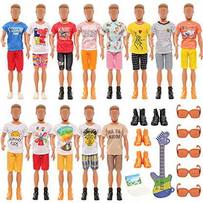 Picture of Miunana Lot 16 Items Doll Clothes for Ken Doll Include Random 5 Ken Top Pants +4 Ken Doll Shoes + 1 Guitar +1 White Computer + 5 Brown Glasses for 12 inch Dolls