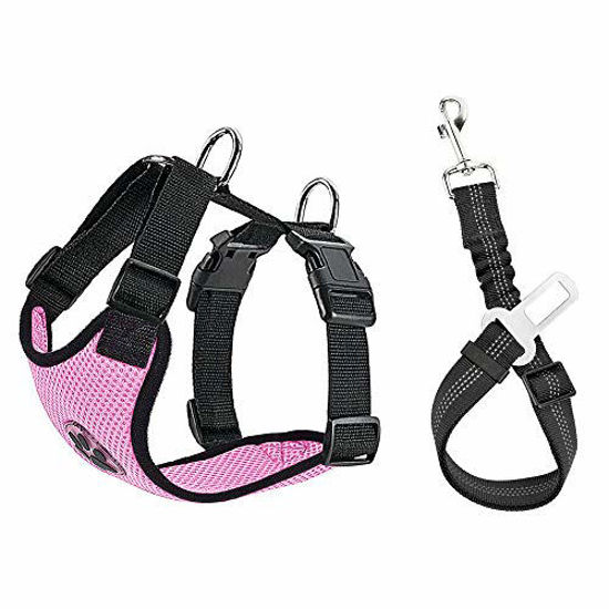 Picture of SlowTon Dog Car Harness Plus Connector Strap, Multifunction Adjustable Vest Harness Double Breathable Mesh Fabric with Car Vehicle Safety Seat Belt (Large, Pink)